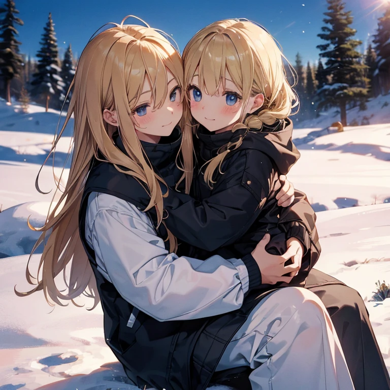 A tender moment unfolds as a small girl with golden locks sits on a man's lap, arms and legs wrapped around each other. They embrace tightly as they sled down a snow-covered hill, their bond palpable even in the chilly air. This heartwarming scene, captured in a vivid photograph, showcases the innocent joy and deep connection shared between them. The image is richly detailed, with every strand of their blonde hair dancing in the wind, their cheeks flushed from the exhilarating ride. The vibrant colors of the winter landscape set the stage for this endearing tableau, evoking a sense of warmth and nostalgia. The composition is artistically framed, immersing the viewer in the genuine emotions emanating from the subjects. This enchanting snapshot immortalizes the essence of love and the fleeting beauty of precious moments, leaving a lasting impression on anyone who beholds it.