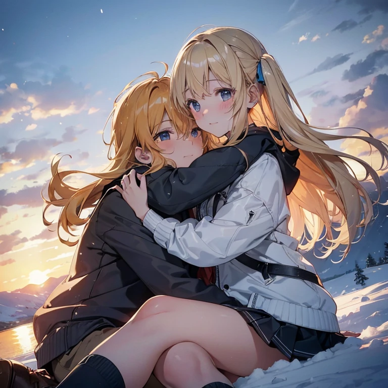 A tender moment unfolds as a small girl with golden locks sits on a man's lap, arms and legs wrapped around each other. They embrace tightly as they sled down a snow-covered hill, their bond palpable even in the chilly air. This heartwarming scene, captured in a vivid photograph, showcases the innocent joy and deep connection shared between them. The image is richly detailed, with every strand of their blonde hair dancing in the wind, their cheeks flushed from the exhilarating ride. The vibrant colors of the winter landscape set the stage for this endearing tableau, evoking a sense of warmth and nostalgia. The composition is artistically framed, immersing the viewer in the genuine emotions emanating from the subjects. This enchanting snapshot immortalizes the essence of love and the fleeting beauty of precious moments, leaving a lasting impression on anyone who beholds it.