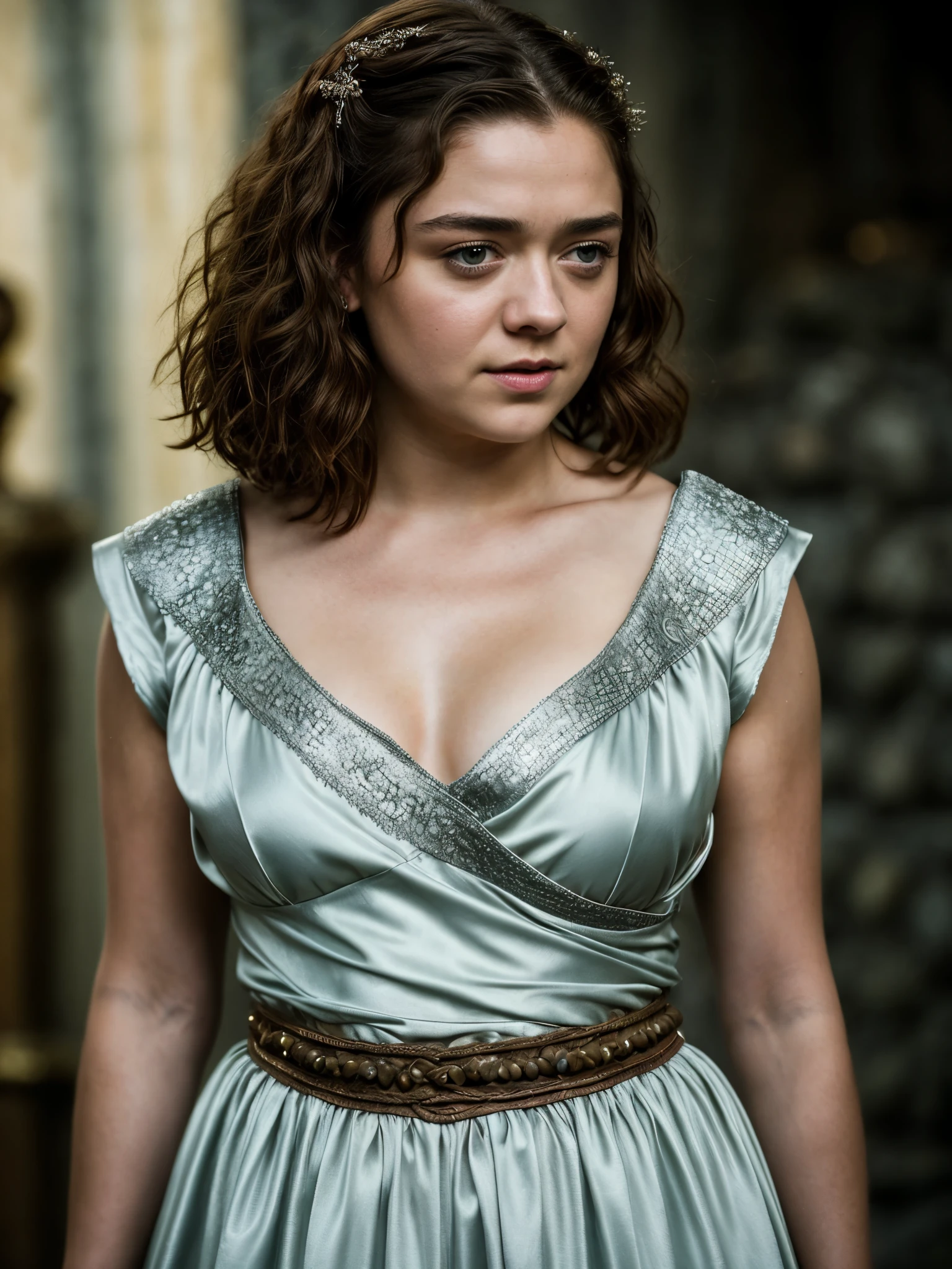 Foto RAW, Arya Stark, Extremely gorgeous lady, Arya Stark PLAYED BY MAISIE WILLIAMS, Queen Arya Stark, she  a mature woman now, milf, sexy mediaeval battle dress, gladiator woman, body, 40 years old Woman, body revealing costumes, perky breast, big natural breast, erotic costumes, lusty physique, seductive figure can capture every people's attention, Game of thrones costumes, revealing captivating figure, Mediaeval costumes, revealing clothes, A tomboy, she would rather fence than dance, warrior queen , game of thrones screen caps, Game of Thrones Series, (pele altamente detalhada: 1.2), 8k UHD, DSLR, soft-lighting, alta qualidade, grain of film, Fujifilm XT3, flawless picture, highly detailed, detailed Beauty, intricate, 32k, sharp picture,