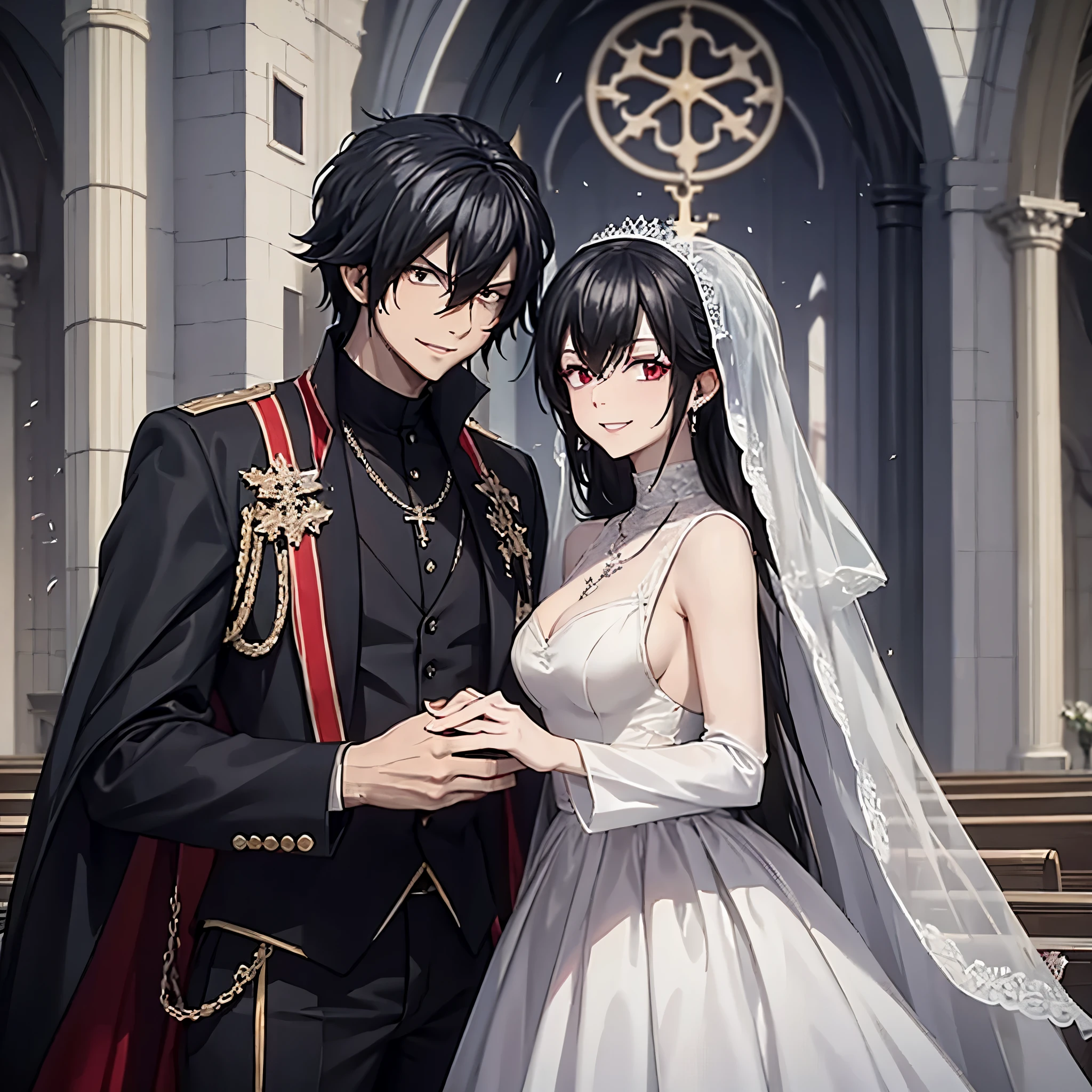 a man in a black suit holding the hand of a woman (eye red), in a white wedding outfit in a church, smiling, perfect features perfect face
