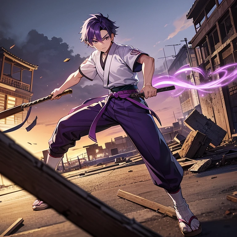 A boy with purple hair and purple eyes wearing a purple ancient Japanese shirt and a purple ancient Japanese pants looking angry in a destroyed ancient Japanese city with debris on the ground