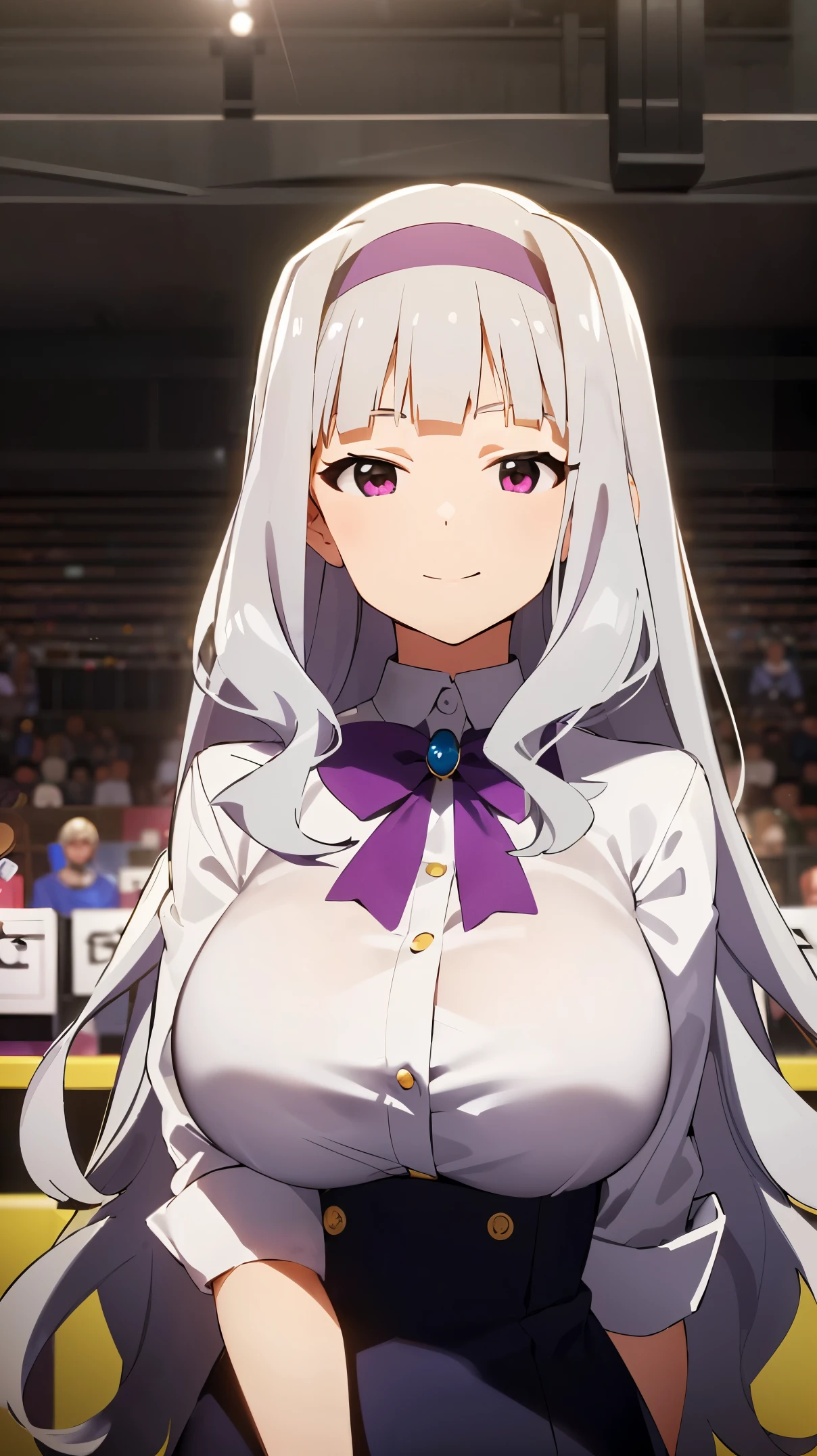 (((pixel-perfect, detail-perfect))), solo, 1girl, takane shijou, purple hairband, big breasts, shirt, bow, looking at viewer, smile, (upper body facing the audience:1.5) 