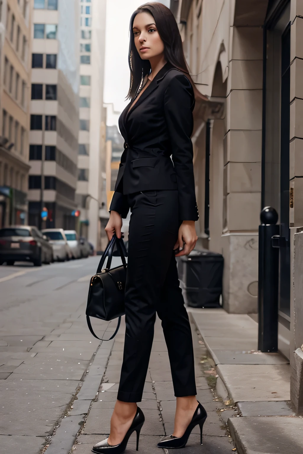Crie um belo, mulher alta, com longa, Cabelo escuro, wearing business clothes and high heels