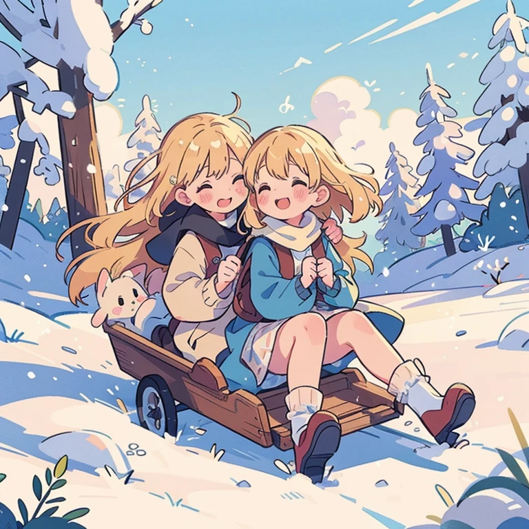 A tender moment unfolds as a small girl with golden locks sits on a man's lap, arms and legs wrapped around each other. They embrace tightly as they sled down a snow-covered hill, their bond palpable even in the chilly air. This heartwarming scene, captured in a vivid photograph, showcases the innocent joy and deep connection shared between them. The image is richly detailed, with every strand of their blonde hair dancing in the wind, their cheeks flushed from the exhilarating ride. The vibrant colors of the winter landscape set the stage for this endearing tableau, evoking a sense of warmth and nostalgia. The composition is artistically framed, immersing the viewer in the genuine emotions emanating from the subjects. This enchanting snapshot immortalizes the essence of love and the fleeting beauty of precious moments, leaving a lasting impression on anyone who beholds it.