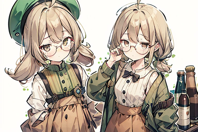 long ahoge,shirt,White hair,Brown eyes,Bottle-bottom glasses,Brown tie,brown skirt,dark green beret,Dark green jacket,girl with,steampunkai,sleepeace,retro city background,#jitome,circle-glasses