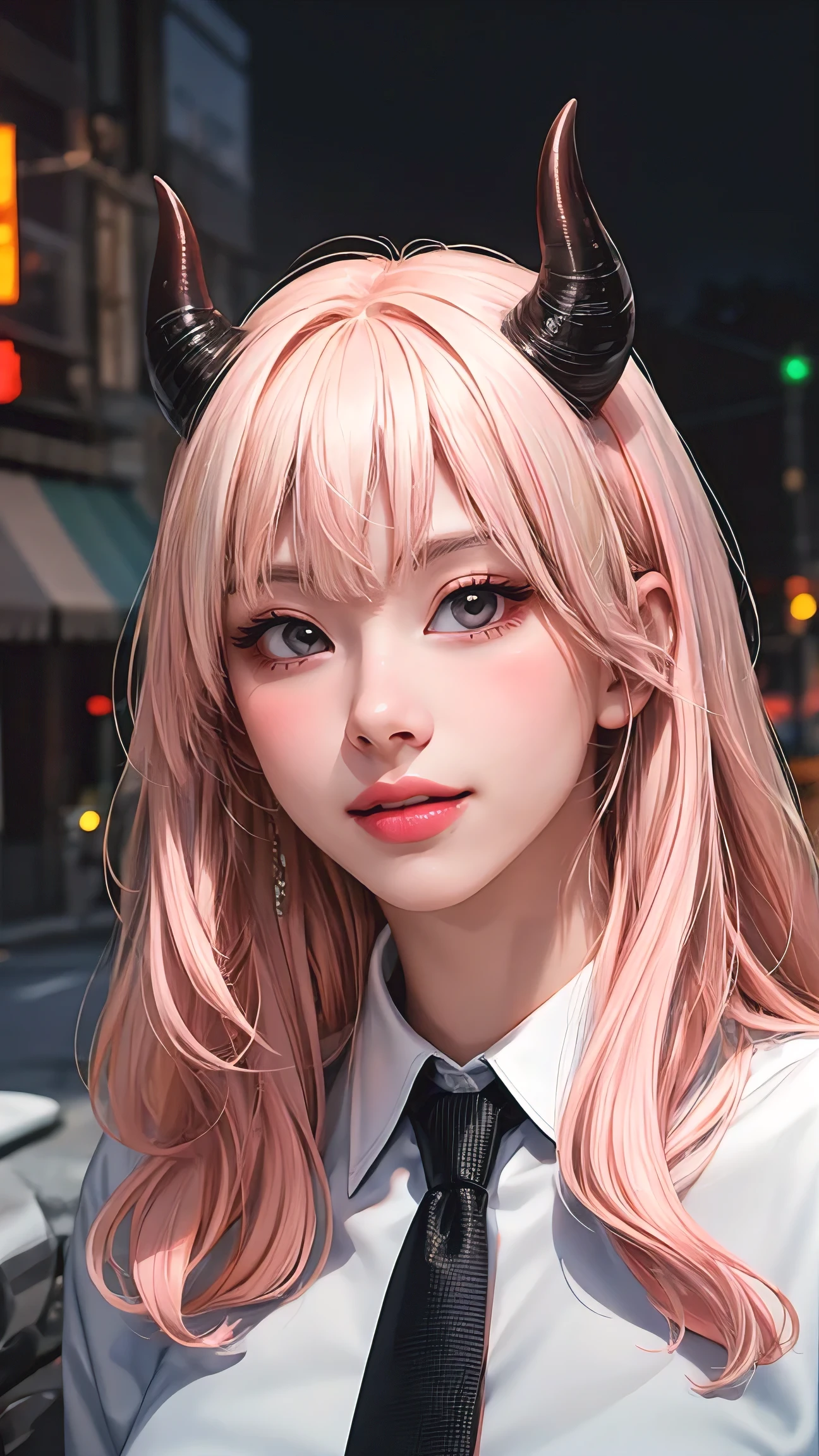 1girl, long pink hair, red horns, white collared shirt, black necktie, light smile, yellow eyes, corneo_power,, buildings,shops,town streets, dark sky, scenery,neon signs,night city, japanese lyrics,, , absurdres, detailed eyes, extremely detailed, volumetric lighting, realistic, realistic lighting, 8k, cinematic lighting, depth of field, perfect, hyper-detailed, photorealistic, ultra realistic, realistic light, hard lighting, intricate details, stop motion, tonemapping, sharp focus, hyper detailed,