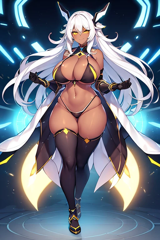 1girl, large breasts, wide hips, dark-skinned female, dark skin, white hair, yellow eyes, white bikini, highleg, highleg bikini, micro bikini, smile, smirk, smug, bar, thighhighs, full_body, ((full body)), standing, neon, neon trim, futuristic, science-fiction,