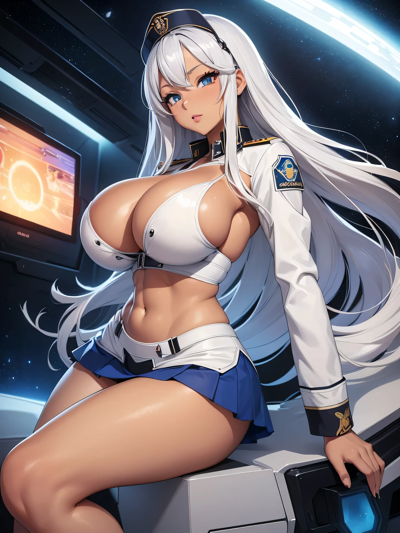 super high image, super detail, super high resolution, best quality, (full body image), ((anime)), (((masterpiece))), , (((sexy tan gyaru))), (25years old),(pretty face), (perfect body), (hourglass body shape), ((long silver white hair)), (beautiful eyes), (bursting breasts), ((gigantic breasts:1.2)), (perfect breasts), (deep cleavage), (sexy), (((white space military uniform with blue accents))), sexy expression, (((erotic pose))), (thin waist:1.0), (thick hips:1.0), (thick ass:1.0), ((on spaceship)), ((skirt))