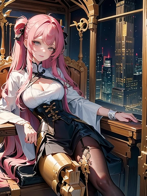 (((masterpiece)))、((highest quality))、(super detailed)、(CG illustration)、(very beautiful girl))、cinematic light、((1 Mechanical Girl))、 SF、Apocalypse、Erotic grotesque、graduate School(beautiful and luxurious:1.2)、(1 girl:1.3)、facing the front,deep dark blue long hair,corset,high waist skirt,