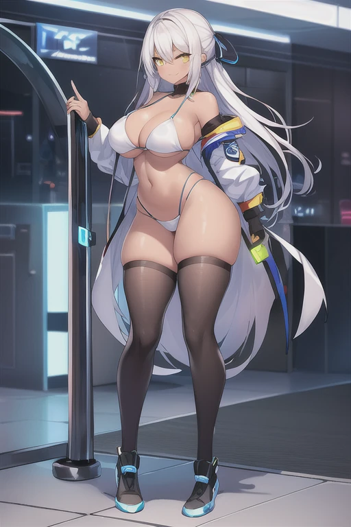 1girl, large breasts, wide hips, dark-skinned female, dark skin, white hair, yellow eyes, white bikini, highleg, highleg bikini, micro bikini, smile, smirk, smug, bar, thighhighs, full_body, ((full body)), standing, neon, neon trim, futuristic, science-fiction,