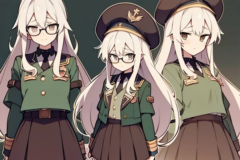 long ahoge,shirt,White hair,Brown eyes,Bottle-bottom glasses,Brown tie,brown skirt,dark green beret,Dark green jacket,girl with,steampunkai,sleepeace,retro city background,#jitome#concept