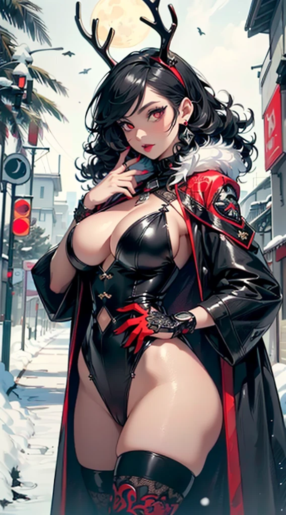 gothic reindeer girl,(((1girl))),((extremely cute and beautiful black haired anime gothic reindeer girl)),

(((anthro furry:1.2), Playboy_Reindeer, reindeer_antlers,(huge antlers:1.2),)),(large breasts:1.4),saggy breasts,((((black curly hair:1.35,medium hair,colored inner hair,ear breathing)))),(((red eyes:1.3))),intricate eyes,beautiful detailed eyes,symmetrical eyes,big eyes:1.5,((fat)),(((lustrous skin:1.5,bright skin: 1.5,skin tanned,shiny skin,very shiny skin,shiny body,plastic glitter skin,exaggerated shiny skin,illuminated skin))),(spider lower abdomen,narrow waist,wide hip,athletic body,inflated legs,delicate detailed fingers,detailed body,detailed arms,human hands,(detailed face)),

cute,slutty,seductive,erotic,(((nsfw))),

zettai ryouiki,revealing clothing,show skin,(((Sexy goth fur coat, goth fur coat outfit, wearing a goth fur coat:1.3,dark red winter coat))),((red goth mini-skirt,red goth mini skirt with furry edge,visible thong straps)),(red gothic clothes,semi-naked,with little goth clothing),((((Black Eyeshadow,Thick Black Eyeliner,Long Dramatic Eyelashes,Black Lips,moon Accessories,ravens ornaments)))),((ravens on her clothes)),(((intricate outfit,intricate clothes,embroidered outfit,ornate outfit))),

(dynamic pose:1.0),embarrassed,(centered,scale to fit dimensions,Rule of thirds),

((snowy pine forest at night)), with dark stormy clouds,winter,scenery:1.25,((snow forest background)),Christmas tree,

highres,sharp focus,(ultra detailed,extremely detailed),(photorealistic artwork:1.37),(extremely detailed CG unity 8k wallpaper),(((vibrant colors,vibrant theme))),(intricate),(masterpiece),(best quality),