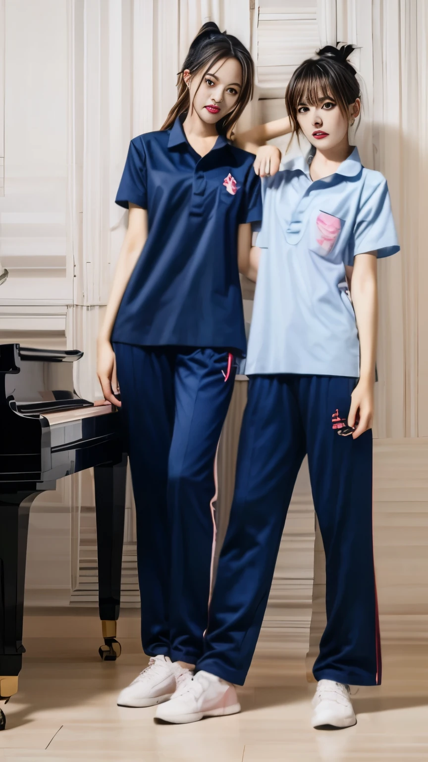 2 girls in the piano room, Navy blue short-sleeved shirt,Navy Long Trackpant,Sweatpants, Sweatpantsขายาว,25 year old girl, lesbian, sexy, lying in bed., exercise clothes