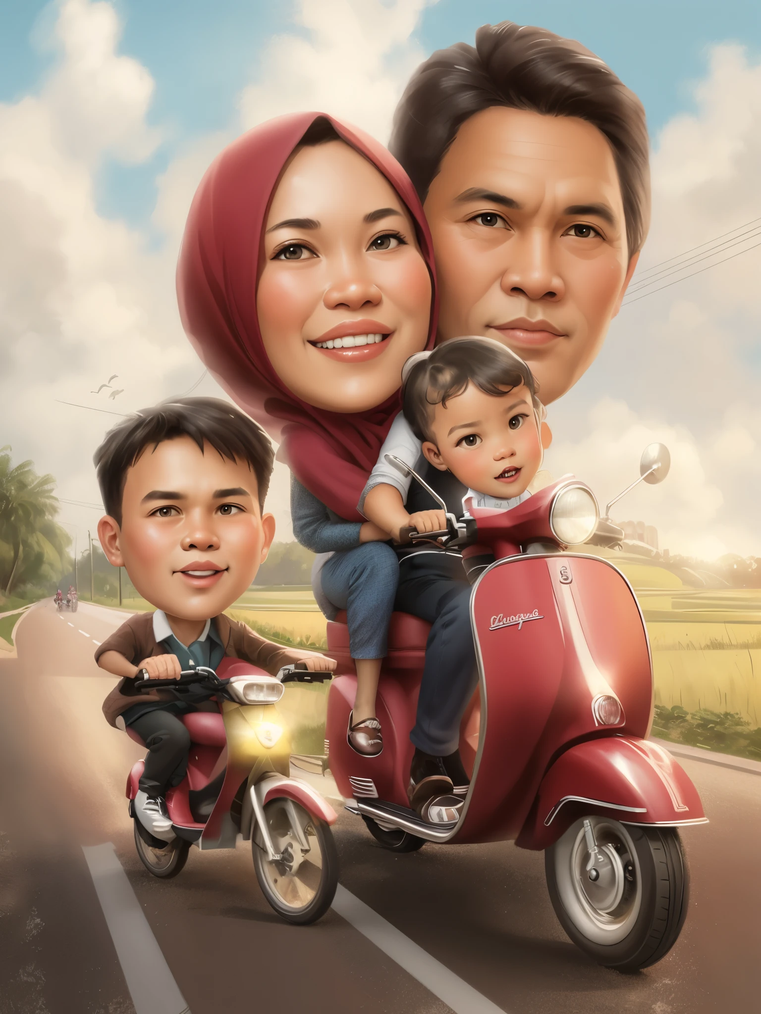 a cartoon of a family riding a scooter down a road, an indonesian family portrait, caricature illustration, in cartoon style, cartoon art, caricature style, cartoon style illustration, cartoon art style, potrait, cartoon digital painting, cartoon digital art, happy family, cartoon artstyle, cartoon portrait, digital art cartoon, caricature, digital cartoon painting art