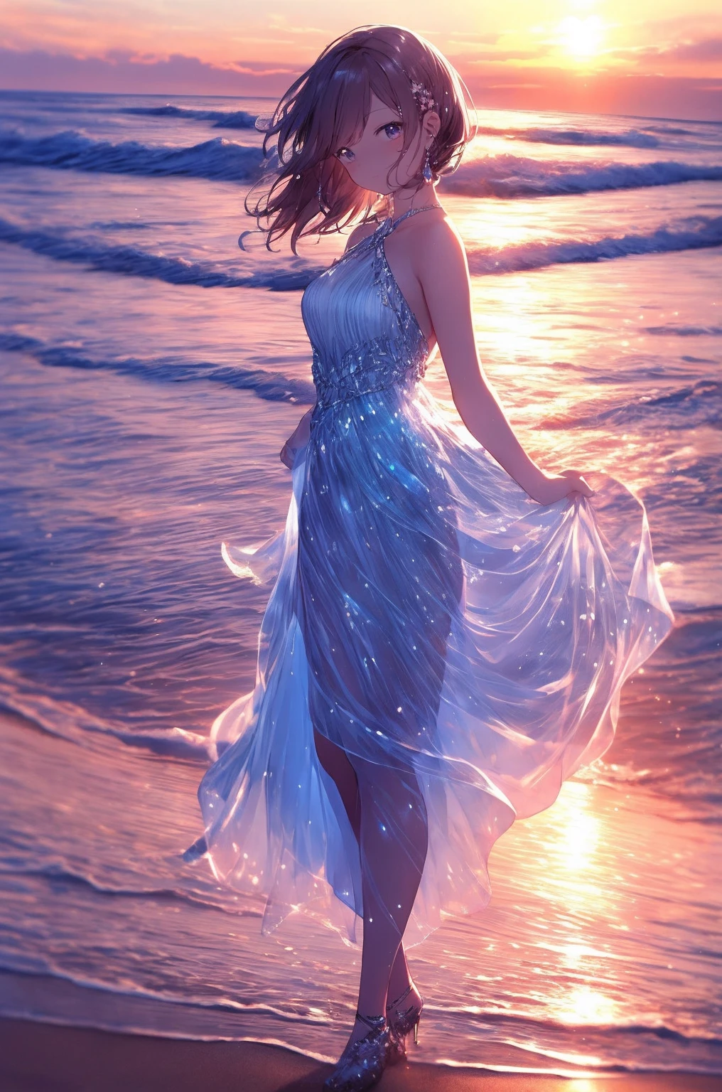 Best AI Image Generation Creator、masterpiece, expensive、expensive品質, movie stills, one woman,golden hair,beautiful sunset, floating in the sky,(close: 1.1),Please look up at the sky、 colorful, transparent body,Sparkling,Full body Esbian,green skirt,blue skirt,transparent clothes、From the side、elegant pose, cinematic lighting.