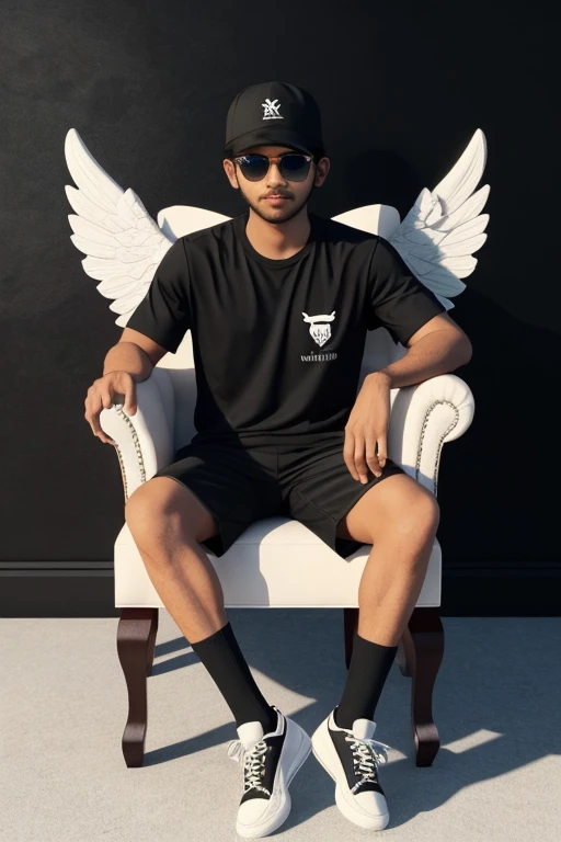 Create a 3D illusion for a WhatsApp profile picture where a boy in a black shirt sits casually on a Wingback Chair. Wearing sneakers, a black cricket cap, and sunglasses, he looks ahead. The background features “jashwanth“ in big and capital white fonts on the black wall. There should not be his shadow, and there are wings to make it appear as if he is an angel
