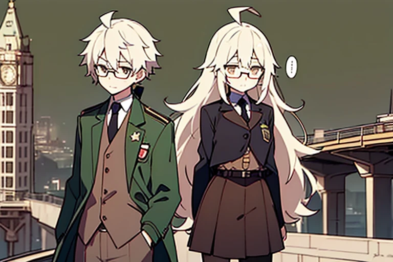 long ahoge,shirt,White hair,Brown eyes,Bottle-bottom glasses,Brown tie,brown skirt,dark green beret,Dark green jacket,girl with,steampunkai,sleepeace,retro city background,#jitome#concept