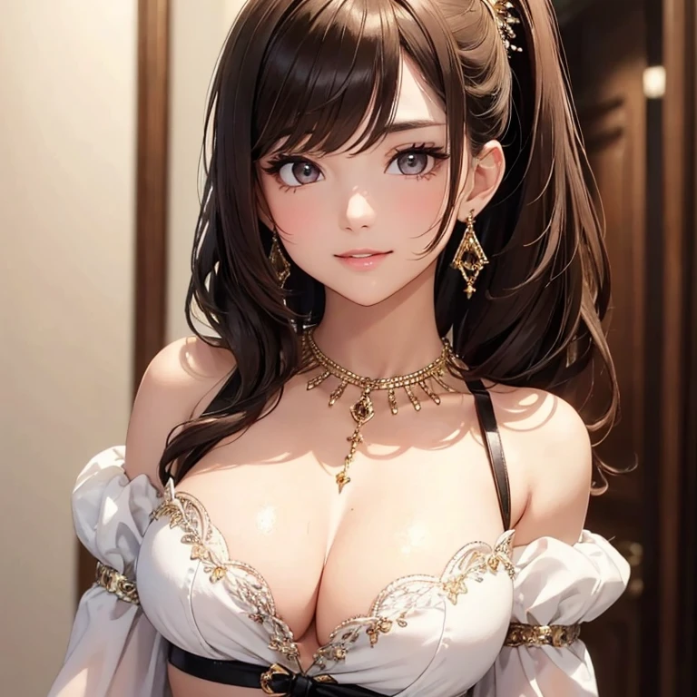 (1 front photo), beautiful face, Highly detailed face and skin texture, (fine eyes), brown eyes, double eyelid, thin eyebrows, glitter eyeliner: 1.2, natural cheeks, shiny skin, white skin: 1.2, shiny necklace and earrings, (glossy lips: 1. 4), (enchanting smile), (20-year-old), (high ponytail, brown hair, diagonal bangs), medium long hair, ((upper body shot)), (Focus on the chest and face), medium to large breasts, perky chest.