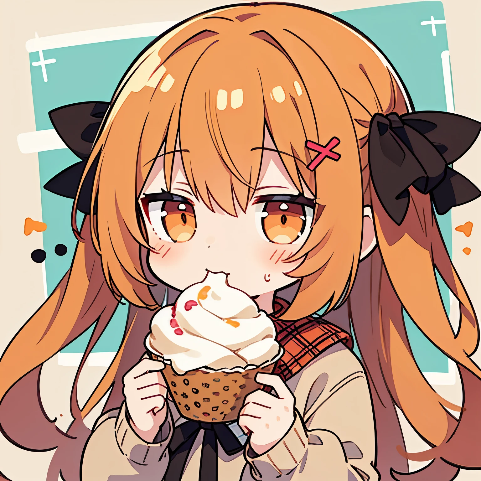 1 person、girl、color palette(orange、Brown、beige)、big ribbon hair ornament、Eating ice cream、Plaid muffler