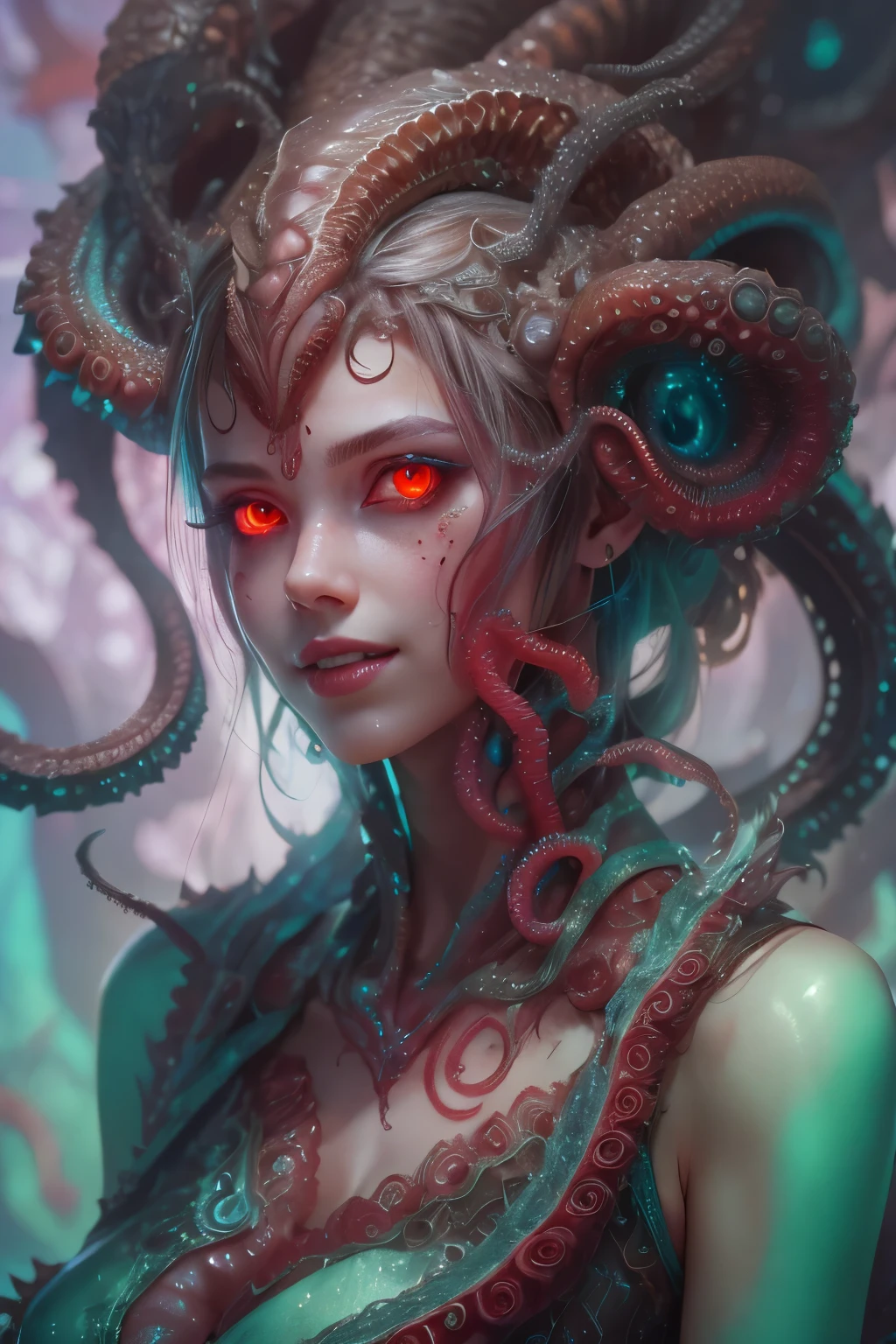 scary and sexy detailed art in color, Portrait, (beautiful and obscene female alien:1.4), (vulgarity1.5), (she has glowing red eyes with no pupils:1.8), (Translucent skin:1.7),  ((There is a female genital-like organ in the middle of the forehead:1.9)), (The most beautiful face in the history of the universe:1.2),an evil gaze that seduces, (large mouth:1.1), (sharp teeth like a vampire:1.2), Full body portrait, (bio luminescent:1.5), (Smile wickedly:1.3),  (sexypose:1.5), incredibly beautiful matured alien, (she has unparalleled beauty:1.5),  No humans, cells are fused, (Lots of translucent tentacles:1.6) extraterrestrial, cell, bio image, best quality, 8K,In 4K_quality, High freshness, Dramatic Lighting, masterpiece:1.5, cinematic quality, detail up, (exquisite details:1.2), high resolution, High freshness, drawing faithfully, (Thick eyebrows:1.2), Beautiful eyes with fine symmetry, (Highly detailed face and eyes:1.2),  (Super detailed skin quality feeling:1.1), perfect anatomy,  (Beautiful toned body:1.5),  (Moist skin:1.2), not wearing makeup, (dark circles:1.1), long canines, cinematic drawing of characters, ultra high quality model, cinematic quality, detail up, (exquisite details:1.2), high resolution, High freshness, drawing faithfully, official art, Unity 8K Wall  , 8K Portrait, best quality, Very high resolution, ultra detailed artistic photography, midnight aura,  unreal engine 5, Ultra Sharp Focus, art by Amano Yoshitaka, ArtGerm, Roisch, intricate artwork, best quality, masterpiece, ultra high resolution, (photos realistic:1.4), ultra realistic realism, dream-like, nautilus, Creation of fantasy, Snail, Dream Snail, (biopunk nautilus:1.3),Thrilling color schemes, ultra realistic realism, seductively smiling, (white tentacles with stripes:1.2), subtle emerald green accents, (expression of ecstasy:1.6) , in the dark, she has snake-like eyes