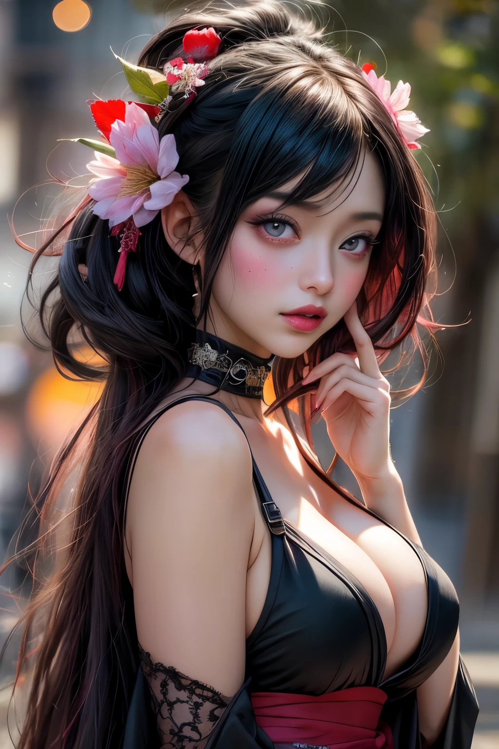 A stunning portrait of a busty temptress wearing deconstructed sexy deep v black red punk kimono, visual kei fashion, goth, edgy, black and black hair alternative, karol bak, yoshitaka amano, ,  by Quentin Matsys, fog multicolor. , Hannah Yata, fantasy art 4K, 64 megapixels 8K resolution HDR; volumetric lighting",surreal hallucinatory intricately detailed sharp focus,  windy, sakura petals, FUJIFILM, bokeh