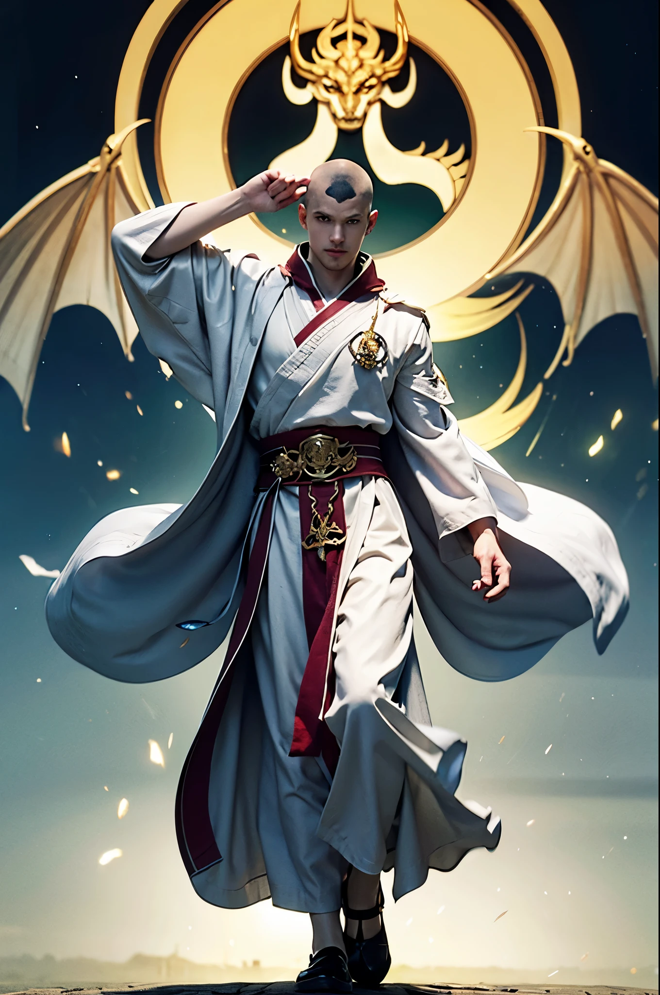 A young monk aged 25, european features, green eyes, bald, muscular build light and athletic, dragon styled holy symbol, white robes with platinum trim. Holy golden energy emenates from his hands, a translucent visage o Bahamut is near him. He is in a martial arts stance. He is in a romanian medieval village on a moonlit night, full body picture, show him from head to toe