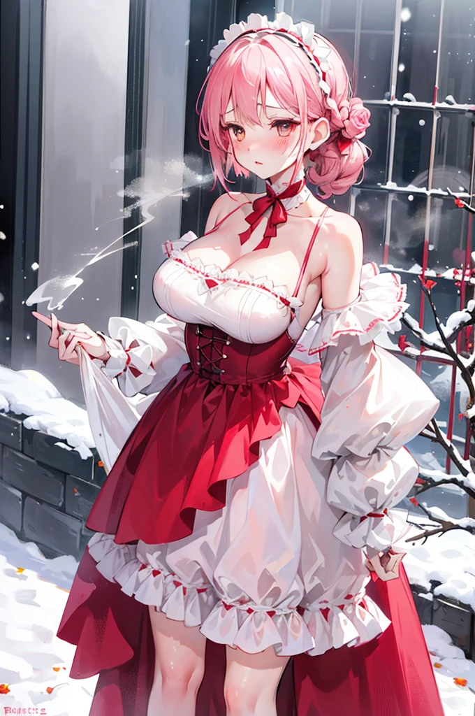 perfect human body，girl, mature female, mature, Beautiful wife，milf, long hair, french braid, side braid, Big, etc，blush, lipstick，(Very detailed background、snow，rose Garden), clavicle，(ultrashort)Lolita skirt，translucent，((woman with fever)), ((steam)), huge ，((The expression of color)), (blush:1.2), 