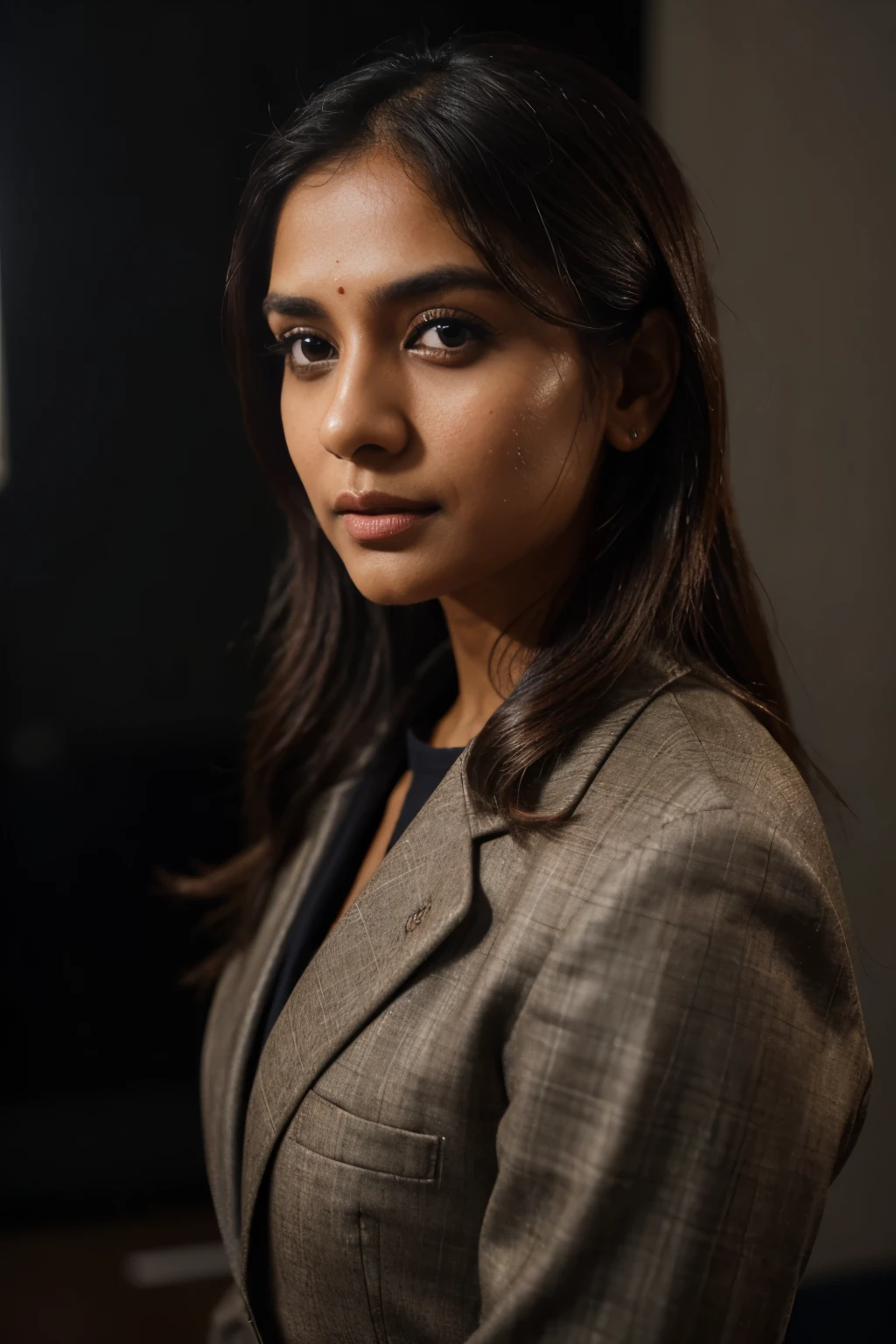 (mrunalt),(wearing professional coat), (best quality,hd,portrait:1.2),Detailed photograph of a indian business woman, wheatish skin, smart, ultra-detailed, professional,focused, straight, looking at camera, black background, neet hairstyle, office environment,vivid colors,studio lighting, XF IQ4, 150MP, 50mm, ISO 1000, 1/250s, natural light, Adobe Lightroom, photolab, Affinity Photo, PhotoDirector 365
