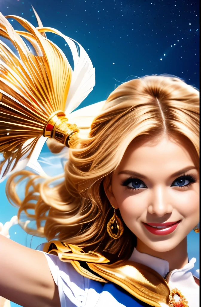 ((close up of face)), (Highly detailed CG Unity 8K wallpaper, masterpiece, 最high quality), (exquisite light and shadow, very dramatic picture, cinematic lens effects), (sailor moon), delicate features, plump body, double ponytail, blue eyes, long blonde hair, tight top, white gloves, mini skirt, black stockings, dynamic pose), ((The background is space)), (excellent details, excellent lighting, wide angle), (Excellent rendering is、Enough to stand out in its class), muste piece, best quality, Super detailed, masterpiece, 最high quality, high quality, high resolution、unparalleled beauty、((Complex and colorful costumes))、Poses with various movements、smile