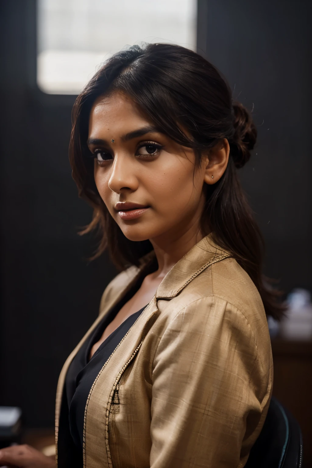 (mrunalt),(wearing professional coat), (best quality,hd,portrait:1.2),Detailed photograph of a indian business woman, wheatish skin, smart, ultra-detailed, professional,focused, straight, looking at camera, black background, neet hairstyle, office environment,vivid colors,studio lighting, XF IQ4, 150MP, 50mm, ISO 1000, 1/250s, natural light, Adobe Lightroom, photolab, Affinity Photo, PhotoDirector 365
