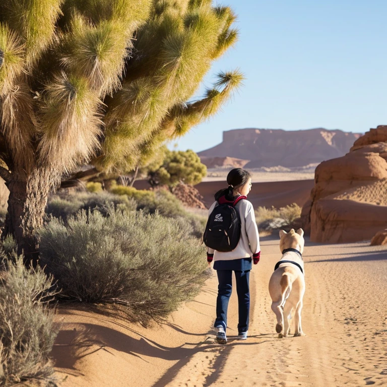 Side view photo of a 14 year old Japanese girl, Height: 150cm, walk in single file through the desert, and a bulldog dog walking behind her.Distant photo seen from the side