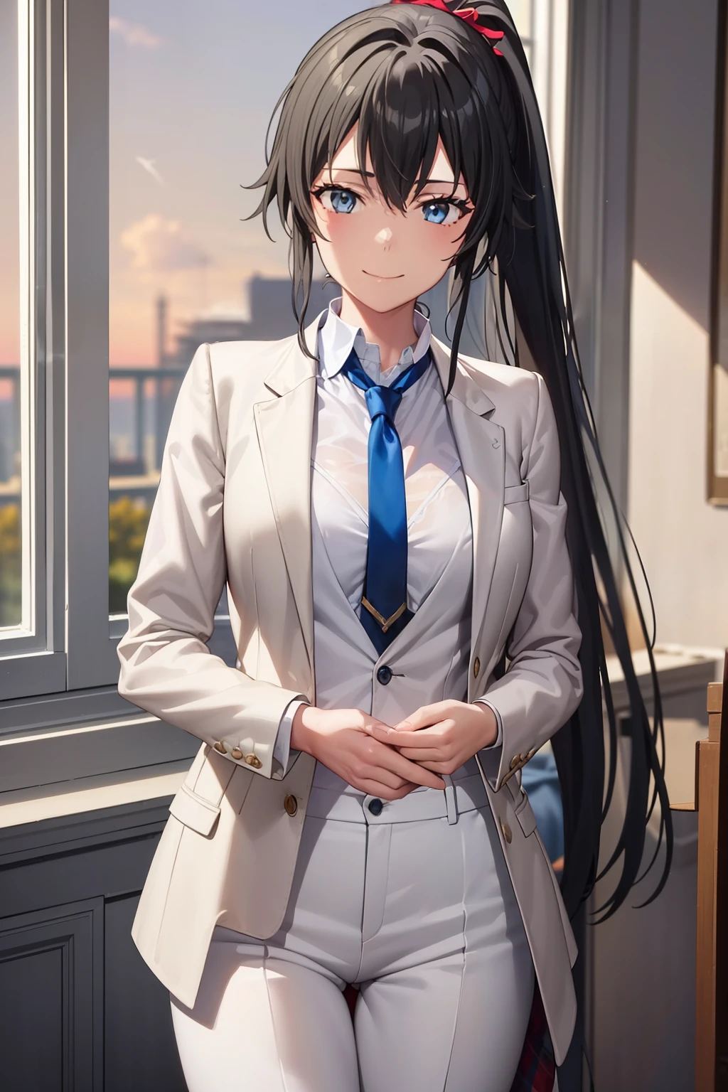 ((best quality)), ((masterpiece)), (detailed) 1girl 1girl, ;\), blurry, blurry_background, breasts, , hair_ponytail ribbon, looking_at_viewer, ok_sign, one_eye_closed, open_hand, Yukinoshita Yukino ,Woman wearing formal clothes, An attractive coat stands in a large gap in the room , 1girl, 独奏, blue necktie, Black hair, eyes blue, long hair, smile , collared shirt, white pants, white shirt , Elegantly designed coat , Stand in front of a window ,Perfectly tailored tailcoat. It has a stunning Victorian design and is made of lustrous fabric