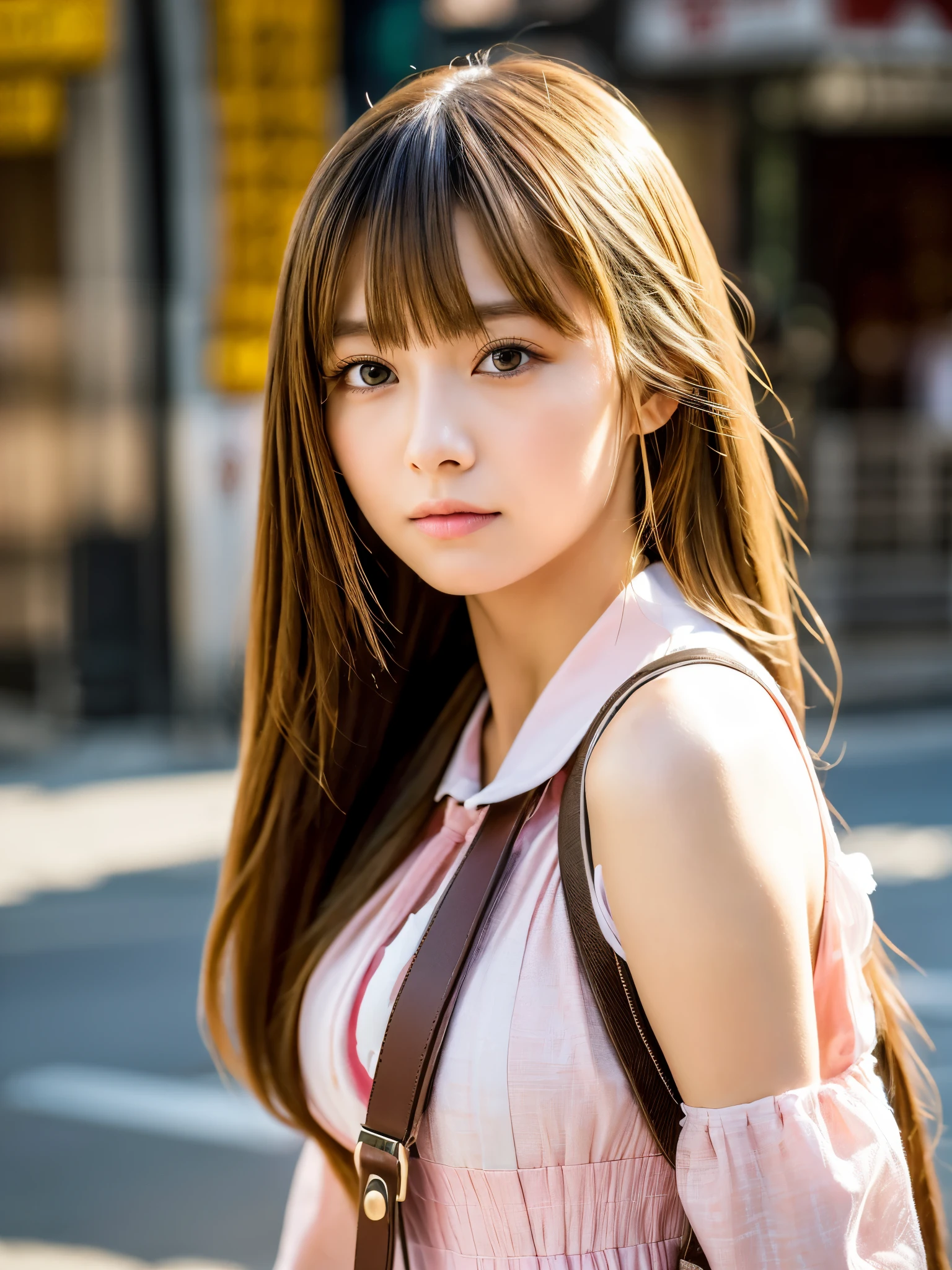 street,(Keisan:1.5), close, masterpiece, highest quality, Original photo, realistic, face, big breasts, Pink Gauze Slip Dress, incredibly ridiculous, beautiful girl, cute, light yellow long hair, Short suspenders, Depth of bounds written, High resolution, hyper detail, small details, very detailed, very detailed eyes and face, sharp pupils, realistic pupils, sharp focus, cinematic lighting,