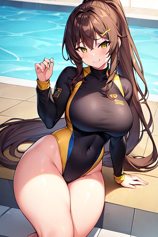 1girl, large breasts, wide hips, thick thighs, brown hair, ponytail, yellow eyes, smirk, smug, smile, one-piece swimsuit, competition swimsuit, black swimsuit, pool, sleeves, long sleeves, yellow trim, yellow line, bare legs, masterpiece, ((masterpiece))