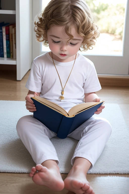 Create a child sitting on the white floor White melanin hair with golden curls blue eyes super beautiful baby he only wears clothes and has an open book in his hands he is reading a book next to him there is a border Collie dog sitting looking for him. Highly white scenery.  