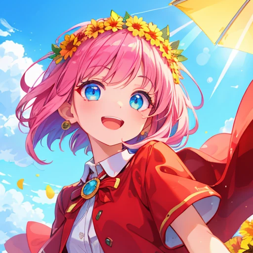 masterpiece,best quality,ultra detailed,4K,super fine illustration,highly detailed beautiful face and eyes,professional lighting,bright atmosphere,1girl,( shirt:1.3),skirt,bob hair,laughing,fearless smile,(looking up:1.2),flying bubble,(clear blue sky:1.2),lens flare,bright,sunlight,outdoors,pink hair,blue eye,flower ring,spring,wreath,red cloth,upper body