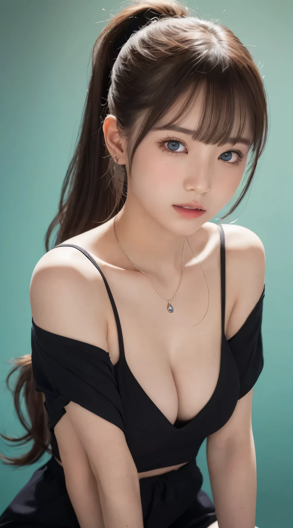 (((ultimate beauty portrait)))、((glowing skin))、1 girl、ponytail、droopy eyes big breasts