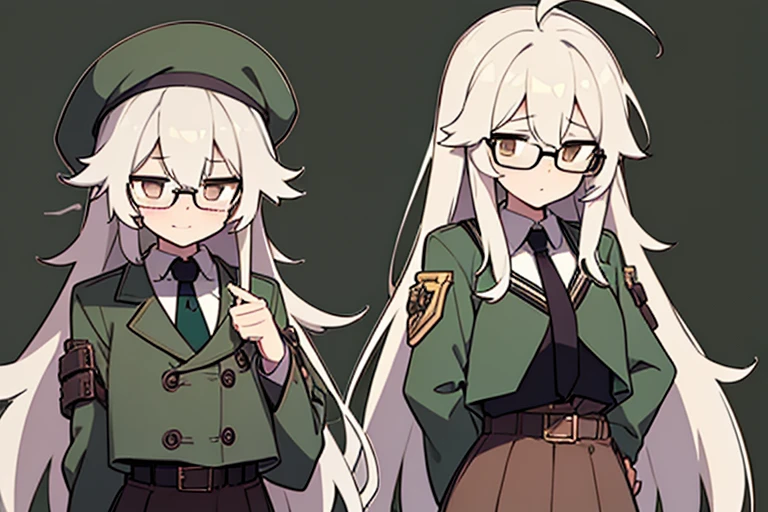 long ahoge,shirt,White hair,Brown eyes,Bottle-bottom glasses,Brown tie,brown skirt,dark green beret,Dark green jacket,girl with,steampunkai,sleepeace,retro city background,#jitome#concept