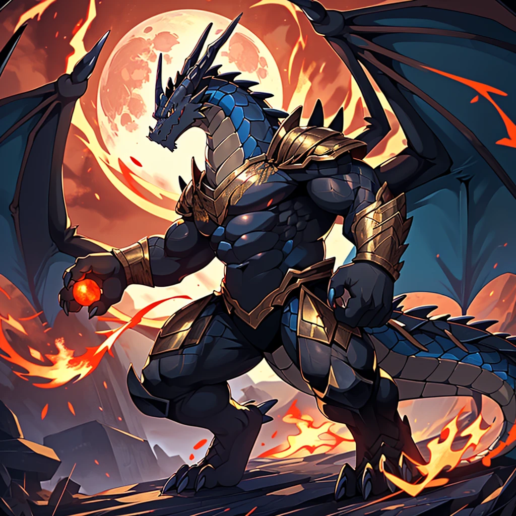 (The violent and powerful Black Dragon King,strong dragon,Wearing modern black and gold armor:55),(Broad dragon body,majestic wingspan,Sharp and huge dragon claws,thick dragon tail:2),Strong build,Huge size,(blue dragon flame:2),blood moon,overwhelming sense of presence,full body picture,Very detailed,4K HD