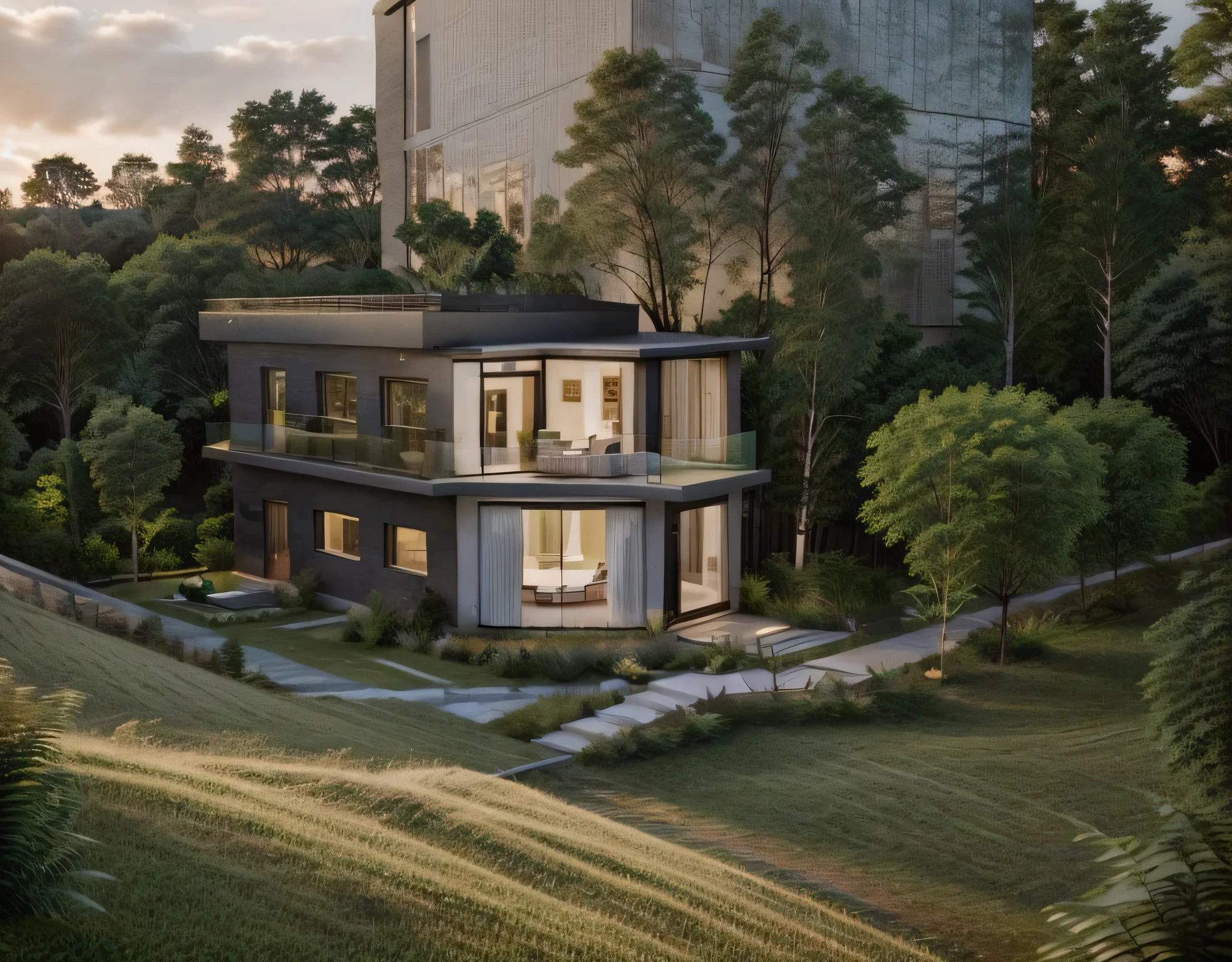 a rendering of a modern house with a lot of windows, tumblr, overall architectural design, contemporary house, vray rendering, exterior design, conceptual art, Realism, cinematic lighting, motion blur, UHD, best quality