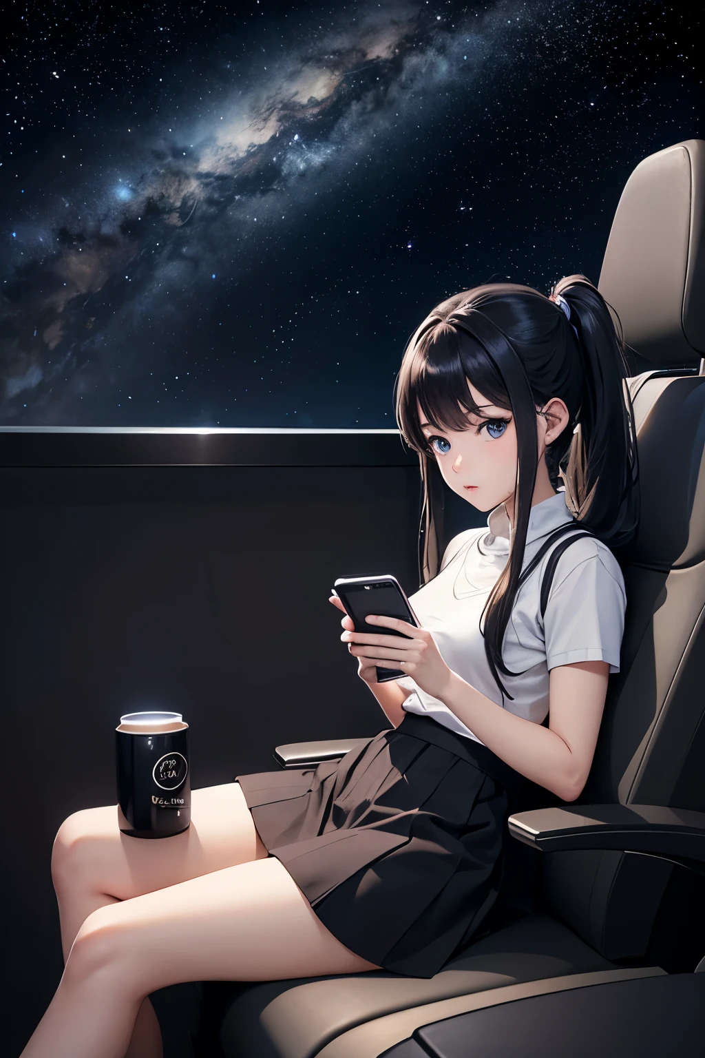 high quality、8K、photorealistic anime drawings、Inside the dark planetarium、stars projected on the wall、1 female、(long ponytail、skirt、knit)、((Hold your smartphone in your hand and look at it、sit in a reclining seat、Bored look)、eyes ajar)