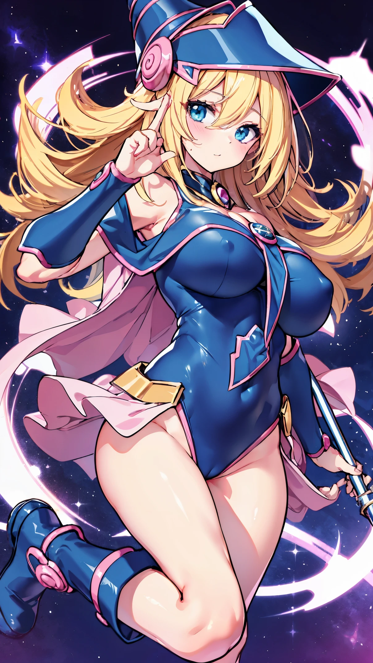 Black Magician Girl、super breasts、thick thighs、blonde hair、magic circle、8K, 4k, highest quality, High resolution: 1.2),winking、One breast exposed、cute anime face、Pink blush on cheeks、noise removal、Leotard that bites into、have a cane、Hold your cane、Rear view、Turning around、full body portrait、T-back that digs into your butt、gun