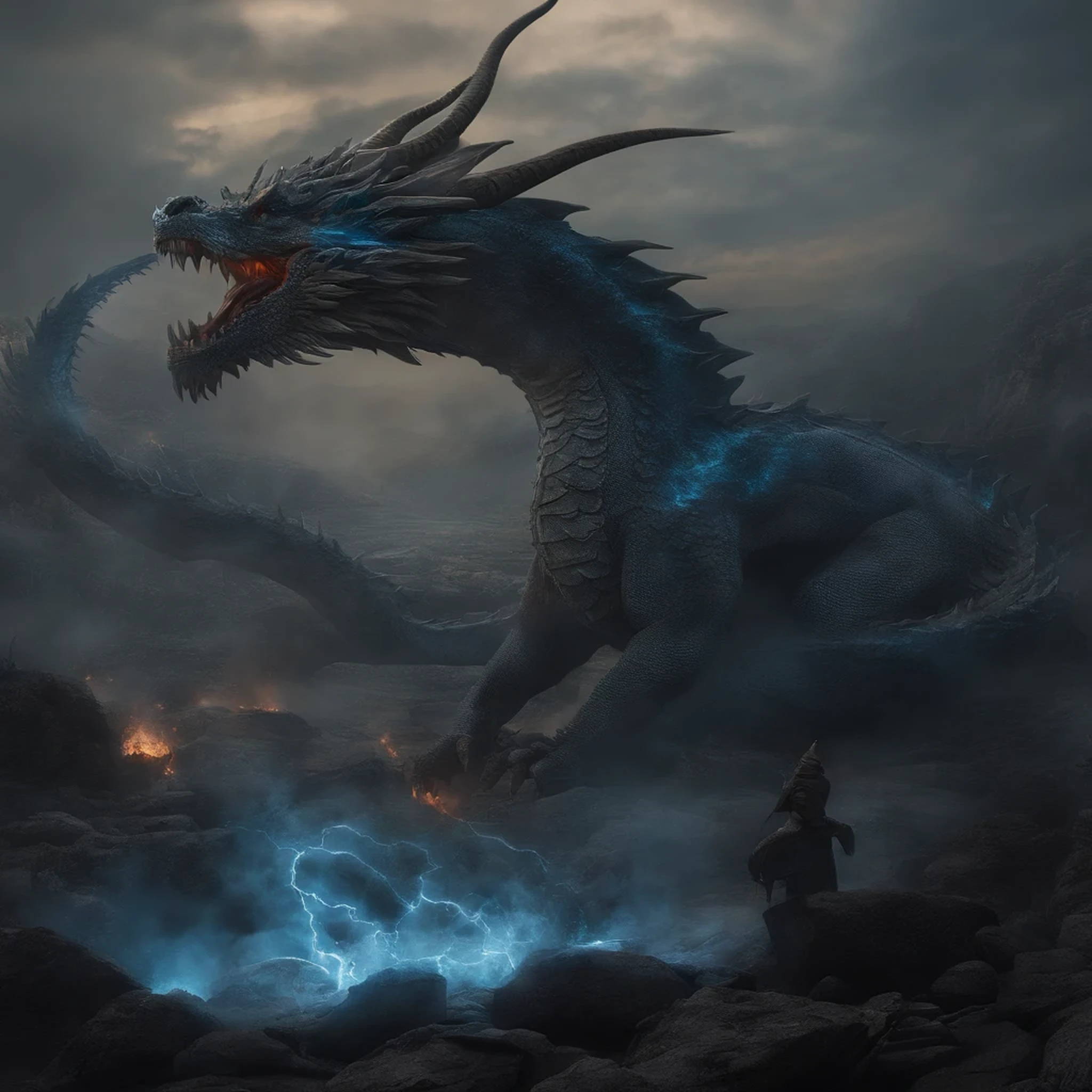 concept art、dark clouds、lightning、(邪悪なdragon)、ダークdragon、Hsien-lung、Huge dragon flying in the air、Has demonic Huge winganya、dystopia、take a breath、Burn down the city、realistic、real image、aerial perspective、(上空を飛ぶHsien-lungを地上から見上げる構図)、Huge、Burn everything on earth、end、red glowing eyes、humankind annihilation、the city was engulfed in Burns、crocodile-like face、(western dragon)、(dragon'head is a little small)、赤と黒のHsien-lung、flames like a nuclear explosion、Remains、pile of rubble、1dragon、conceptual art, shortening, wide angle, nffsw, pieces fly, rough skin, Super detailed, advanced details, High resolution、Composition of a dragon seen from below、dust fly、(apocalyptic world)、scale、Burn、Fine scale、(((A brave boy fighting with a blue glowing sword.)))、