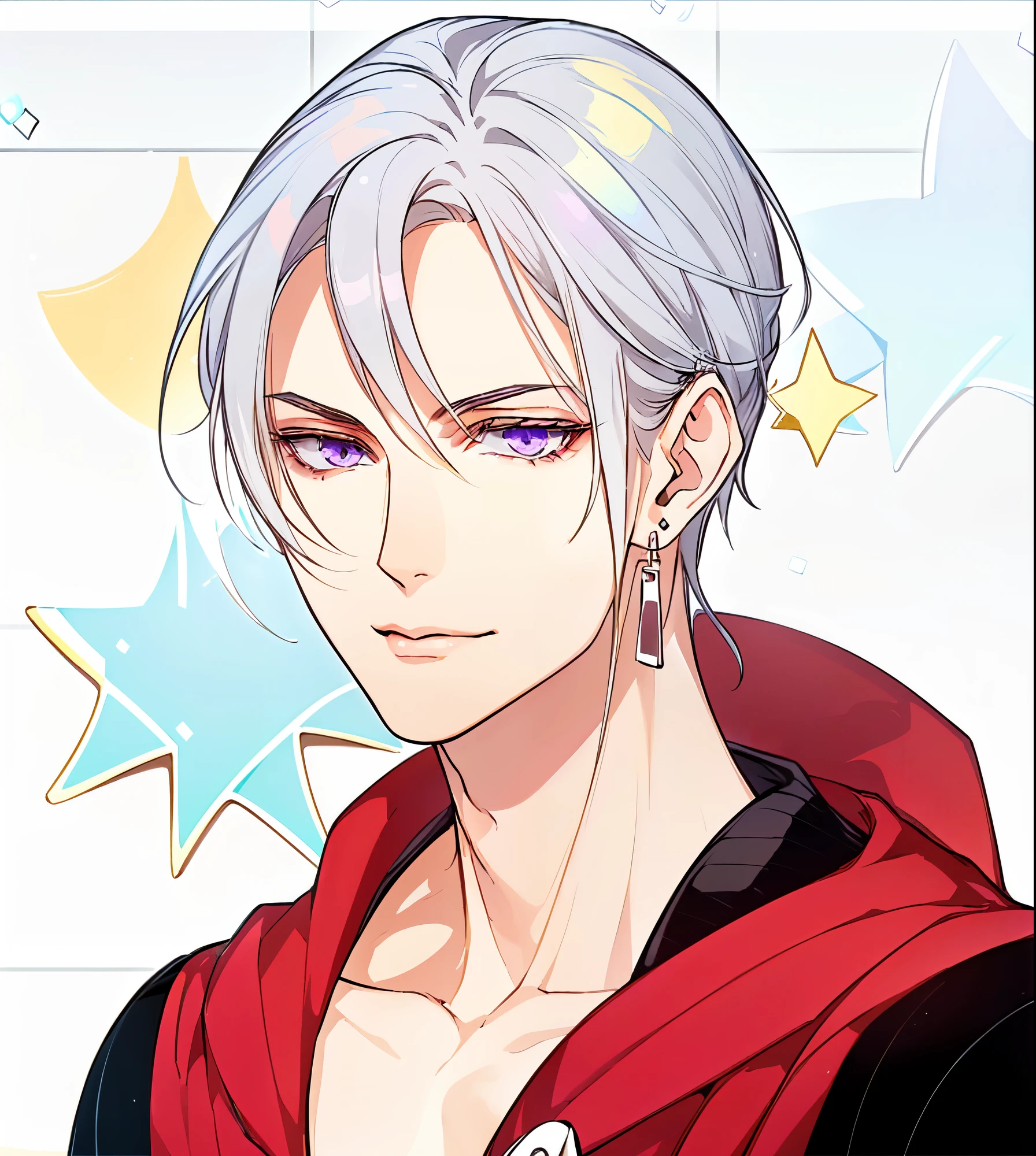 gray hair、purple eyes、adult male、frivolous、earrings