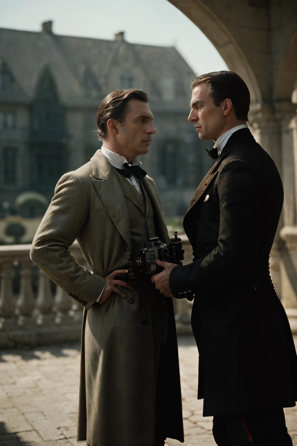 A thrilling duel scene set in the 19th century, with two gallant gentlemen clad in elegant attire, dressed in finery and bearing polished weapons. ((Filmic and Dramatic)), ((Exceptional Quality)), ((Fidelity to Reality)), Detailed and ultra-quality, ((tmasterpiece)), Sharp focus and depth of field, High contrast lighting, ((Cinematic and Natural Light)), ((Photorealistic:1.5)), A photo taken with a, ((Antique DSLR Camera:1.2)), Such as a, Leica M6 TTL or a, Hasselblad XPan II, 47mm lens posed against