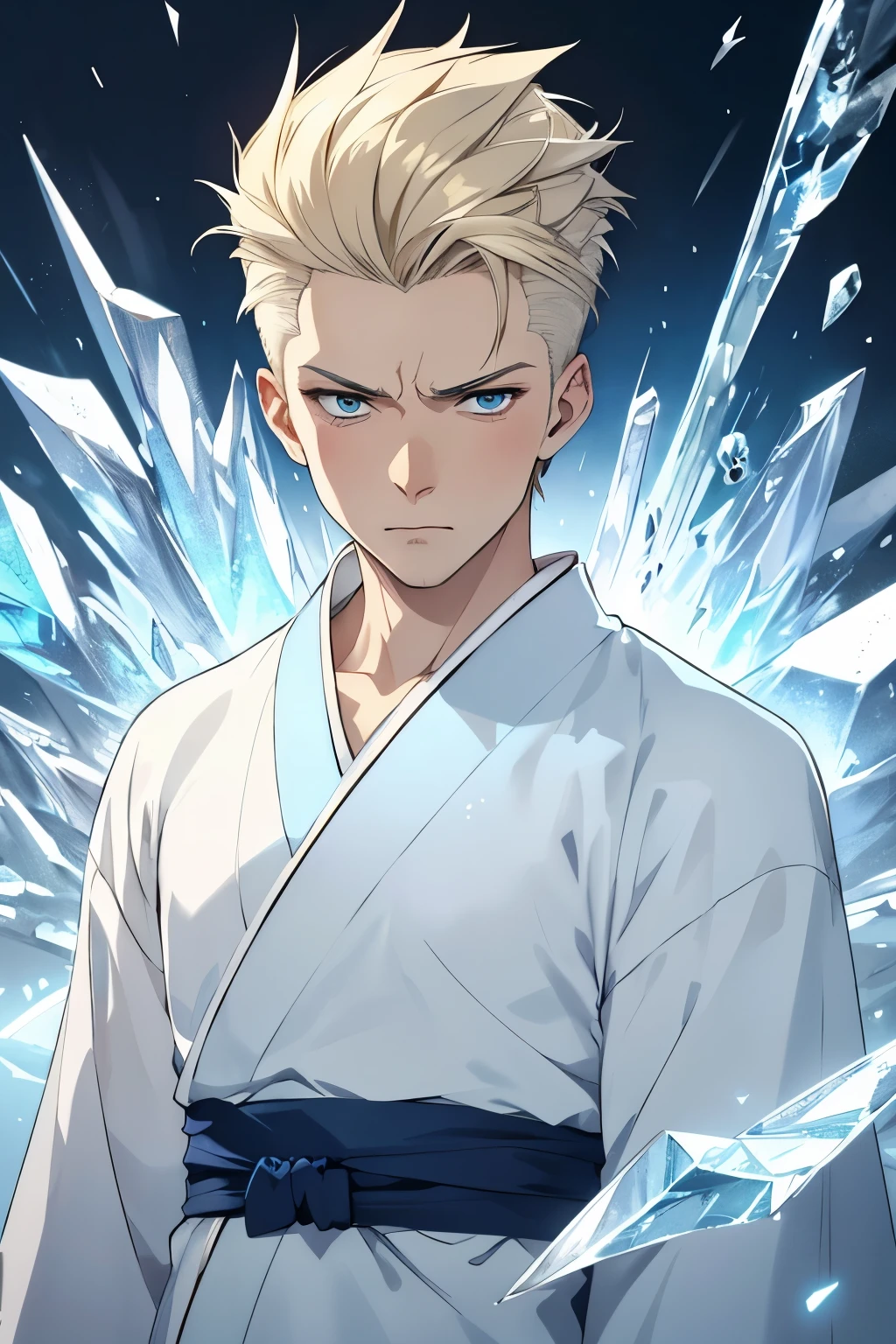 A young man, caucasian, light blue eyes, blonde quiff-style hair, frowning, white kimono, ice, ice shards
