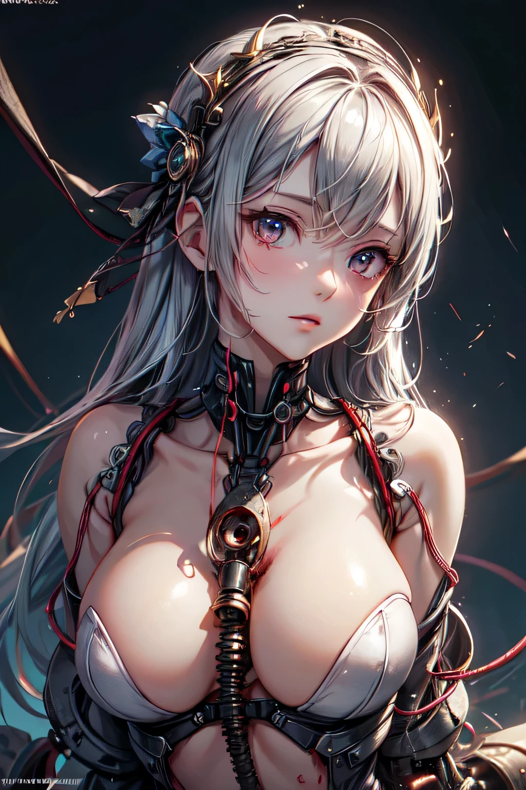 (((masterpiece))), (((highest quality))), ((Super detailed)), (very detailed CG illustration), ((very delicate and beautiful)),cinematic light,((1 female machine)),alone,big breasts,whole body,(Machine Made Joint:1.2),((Mechanical marginal blood vessels connected to the canal Mechanical vertebrae attached to the back),((Mechanical cervical vertebrae attached to the neck)),(sitting),Expressionless,(Wires and cables connected to the neck:1.2),(head wire and cable:1.2)(character focus),SF,very detailed,colorful,most detailed, very detailed, vivid appearance, creative action, very detailed, Imaginative, sensual, voluntary, highest quality, skin texture, intricate details, (cinematic lighting), RAW photo, 8K, masterpiece,highest quality,Super detailed,very detailedイラスト,very detailed,intricate details,High resolution,超intricate details,very detailed 8K cg wallpaper,