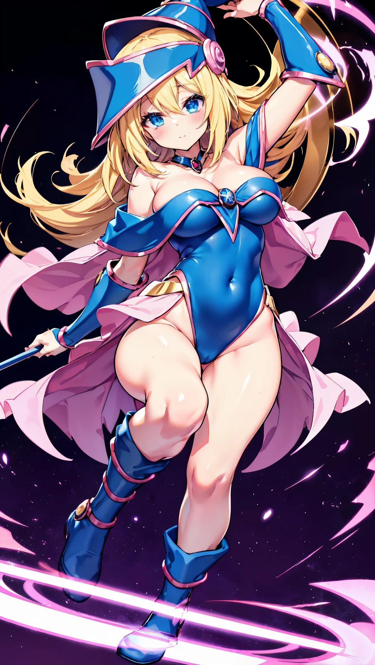 Black Magician Girl、super breasts、thick thighs、blonde hair、magic circle、8K, 4k, highest quality, High resolution: 1.2),winking、One breast exposed、cute anime face、Pink blush on cheeks、noise removal、Leotard that bites into、have a cane、Hold your cane、Rear view、Turning around、full body portrait、T-back that digs into your butt、gun