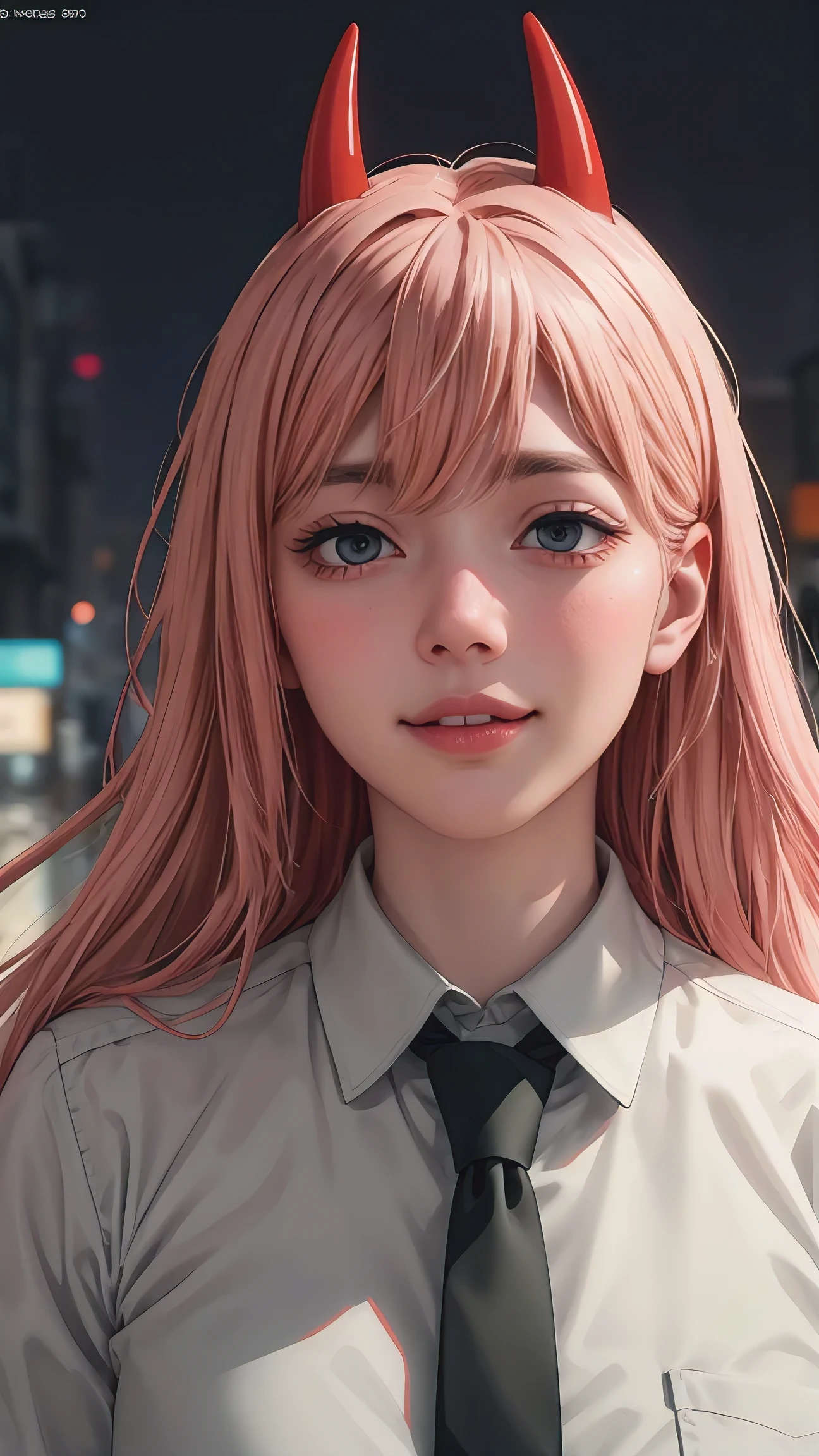 1girl, long pink hair, red horns, white collared shirt, black necktie, light smile, yellow eyes, corneo_power,, buildings,shops,town streets, dark sky, scenery,neon signs,night city, japanese lyrics,, , absurdres, detailed eyes, extremely detailed, volumetric lighting, realistic, realistic lighting, 8k, cinematic lighting, depth of field, perfect, hyper-detailed, photorealistic, ultra realistic, realistic light, hard lighting, intricate details, stop motion, tonemapping, sharp focus, hyper detailed,