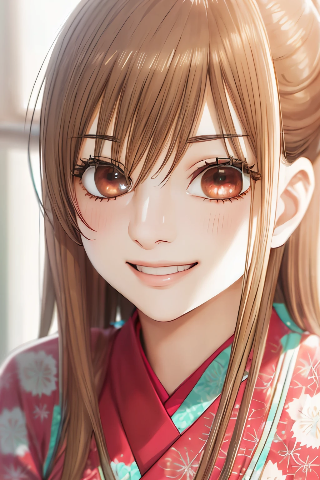 master piece, best quality, 8k, 超High resolution, highest quality, anime style, best writing, beautiful face, smile, open your mouth, smile, highest quality, High resolution, intricate details, highest quality, chromatic aberration, brown hair, 1 girl, alone, kimono, kimono, long hair, thighs, long hair, hair ornaments, (face focus:1.3)